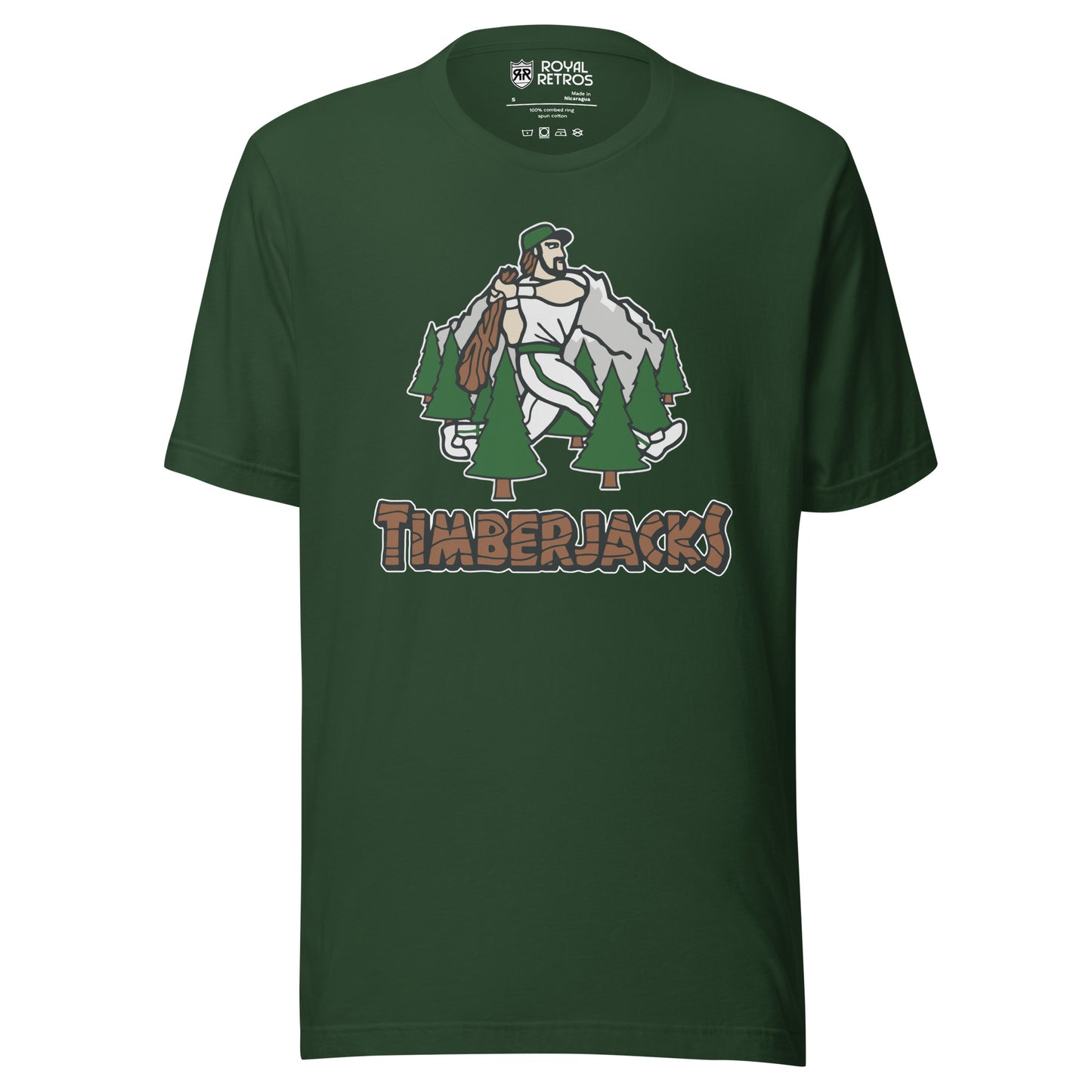 Southern Oregon Timberjacks baseball T-shirt. Green. Mountain with lumberjack walking and swinging bat surrounded by 7 evergreen trees. Timberacks in log/timber typeface below. Royal Retros