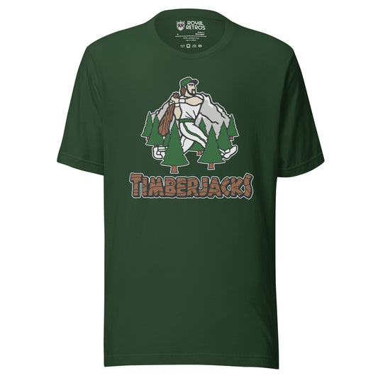 Southern Oregon Timberjacks baseball T-shirt. Green. Mountain with lumberjack walking and swinging bat surrounded by 7 evergreen trees. Timberacks in log/timber typeface below. Royal Retros