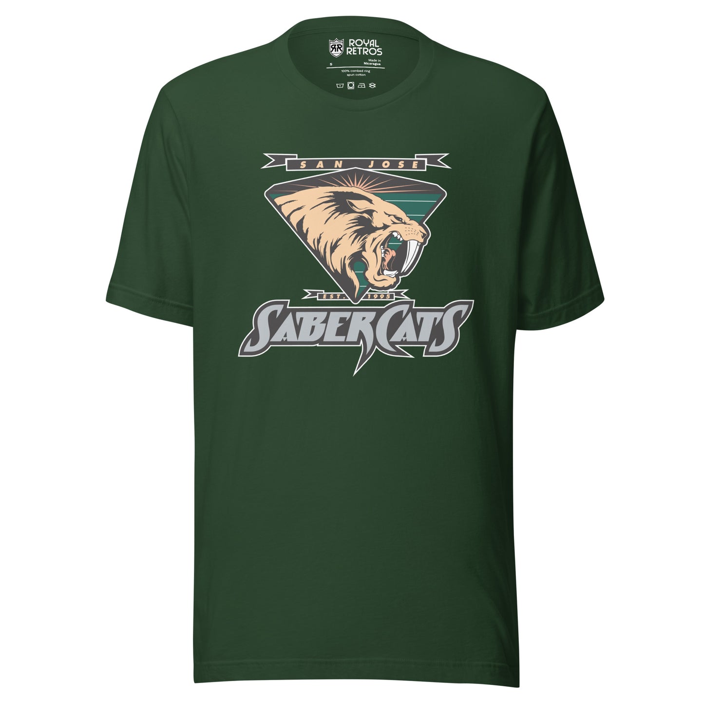 San Jose Sabercats Arena Football League T-shirt black. San Jose in gold in small black banner, waving at ends, Above upside down triangle shield with sabertooth tiger facing right. Stylized SABERCATS in blue on black background with white trim below. Royal Retros