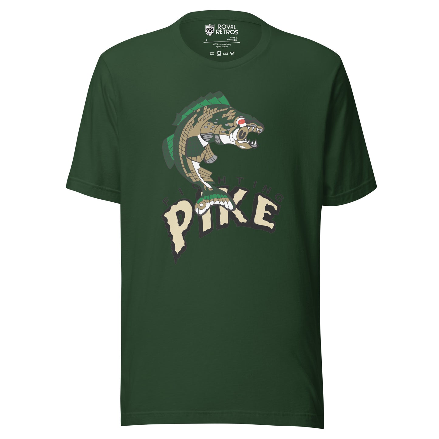 Minnesota Fighting Pike Arena Football League T-shirt. Forest Green. Angry pike, jumping up to the right. PIKE large in silver below. Royal Retros