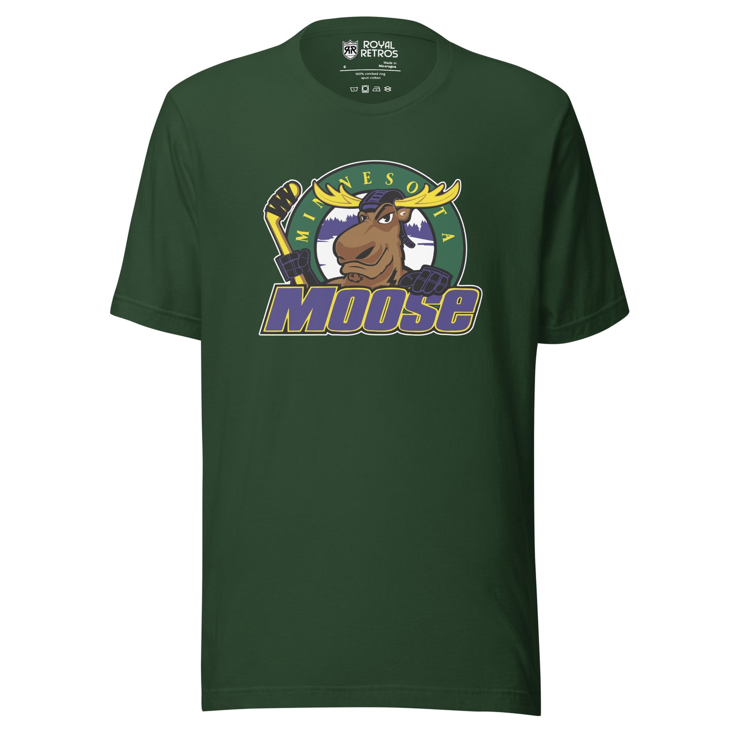 Minnesota Moose hockey T-shirt. Dark Green. Moose logo of moose holding hockey stick over green circle with yellow Minnesota and MOOSE in purple with yellow trim across and over bottom of circle. Royal Retros