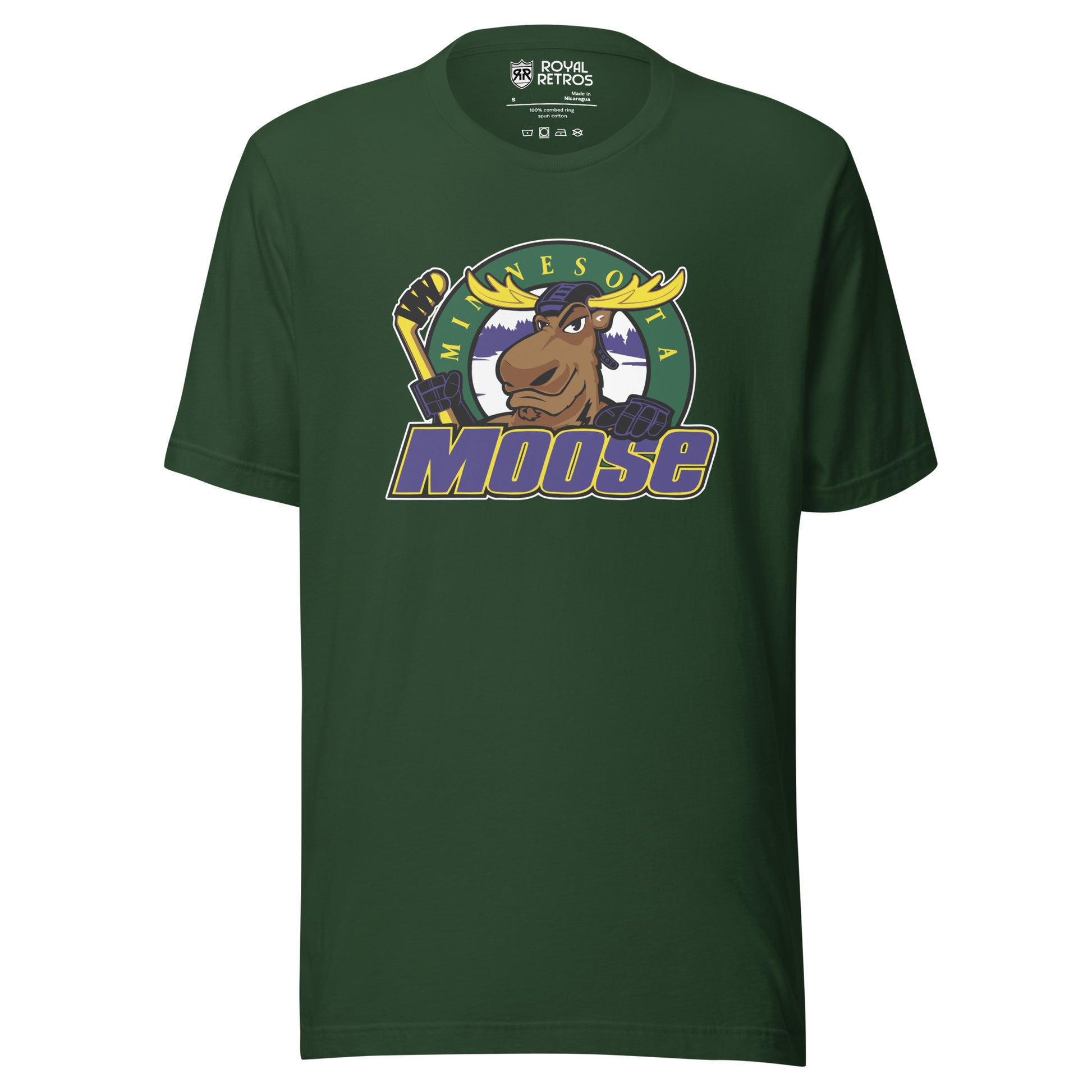 Minnesota Moose hockey T-shirt. Dark Green. Moose logo of moose holding hockey stick over green circle with yellow Minnesota and MOOSE in purple with yellow trim across and over bottom of circle. Royal Retros