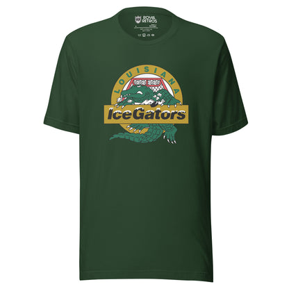 Louisiana IceGators forest green t-shirt. Green alligator crest on a gold circle at the center chest, LOUISIANA arced above, IceGators across a gold banner. Royal Retros