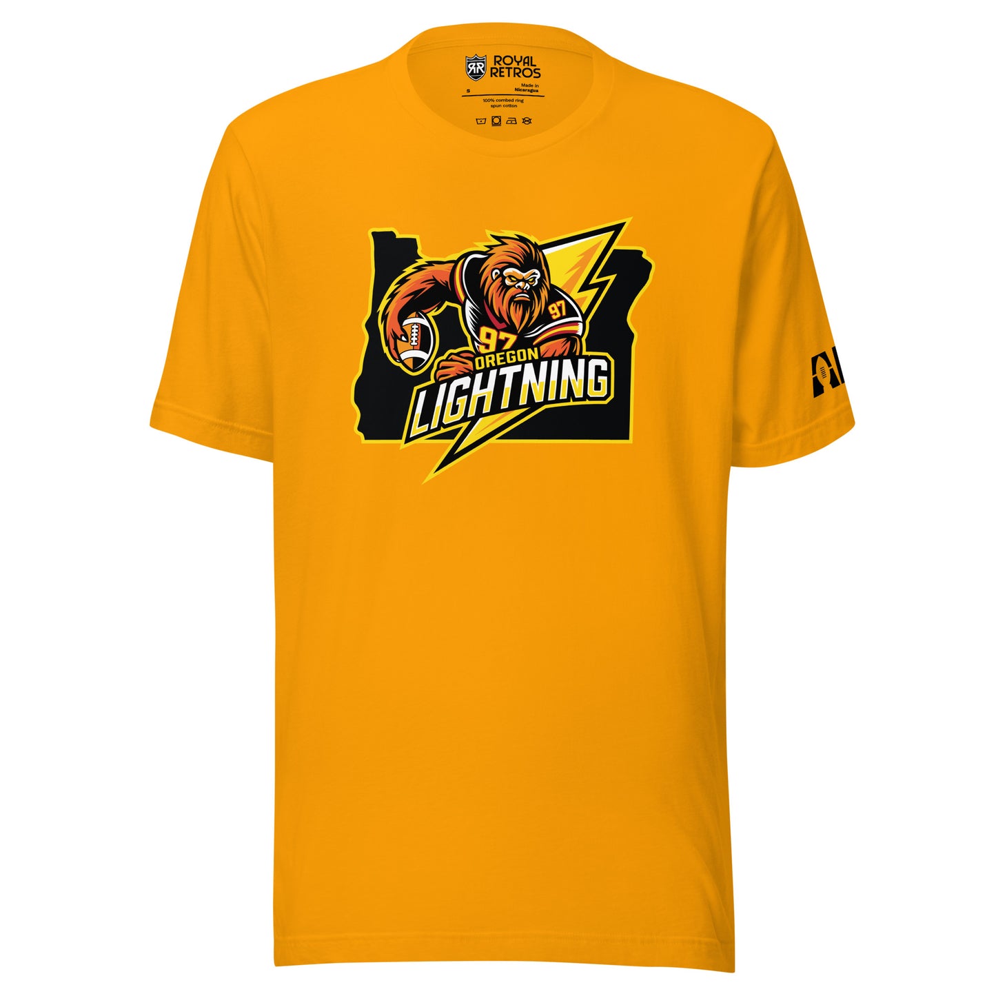 Oregon Lightning T-shirt. Gold. Logo in center is outline of Oregon with in black Bigfoot in black jersey with gold numerals holding football over lightning bolt to right. Oregon in yellow, small, above Lightning large in white and gold. Royal Retros