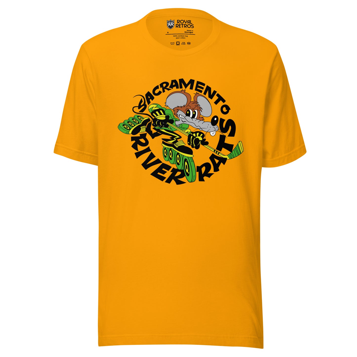 Sacramento River Rates Roller Hockey T-shirt. Gold. Sacramento in black arched over rat, incline skating with hockey stick, going to the right. River Rats in black, arched up below. Royal Retros 