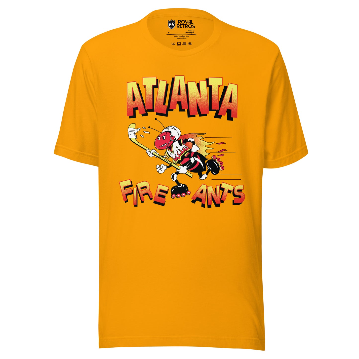 Atlanta Fire Ants roller hockey T-Shirt. Gold. Atlanta half gold on top, red below above animated fire ant rollerblading to the left. Fire Ants, half yellow on top, red below under ant. Royal Retros