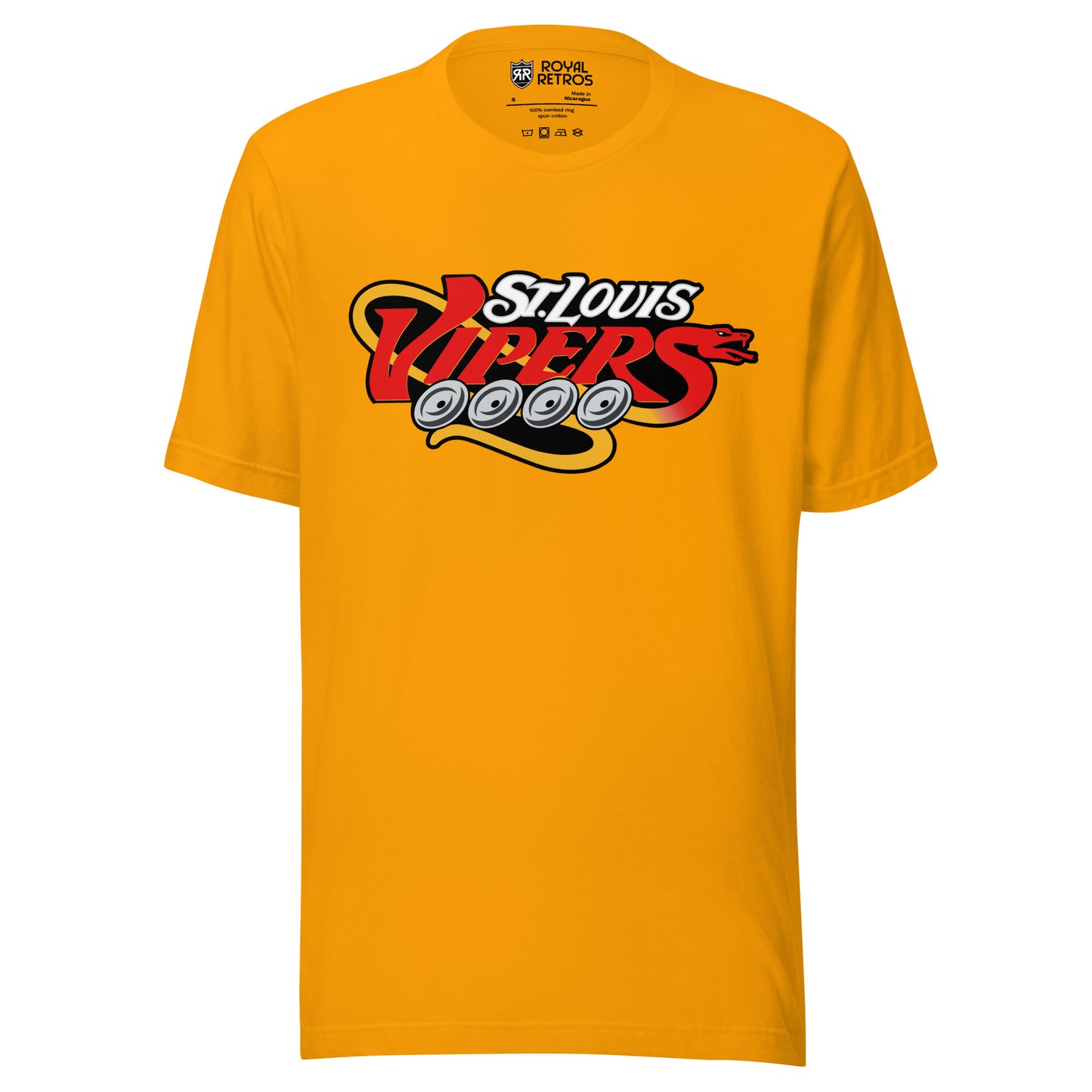 St. Louis Vipers roller hockey T-Shirt. Black. St. Louis in silver. Vipers, larger, below in red with four silver wheels underneath. Gold tail snaking off end of S in Vipers and curling around V. Royal Retros