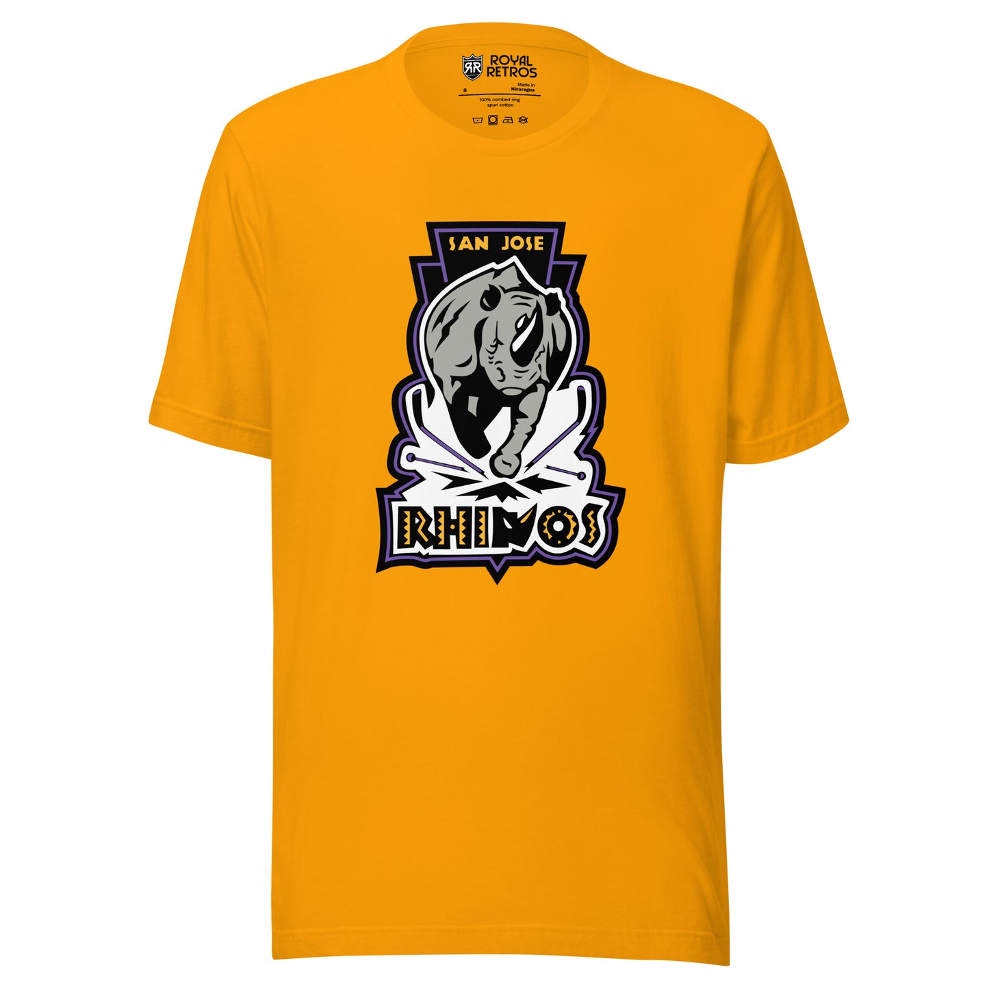 San Jose Rhinos Roller hockey T-Shirt. Gold. Charging Rhino. San Jose in gold above. To hockey sticks crossed below legs. Rhinos in caps underneath. Royal Retros