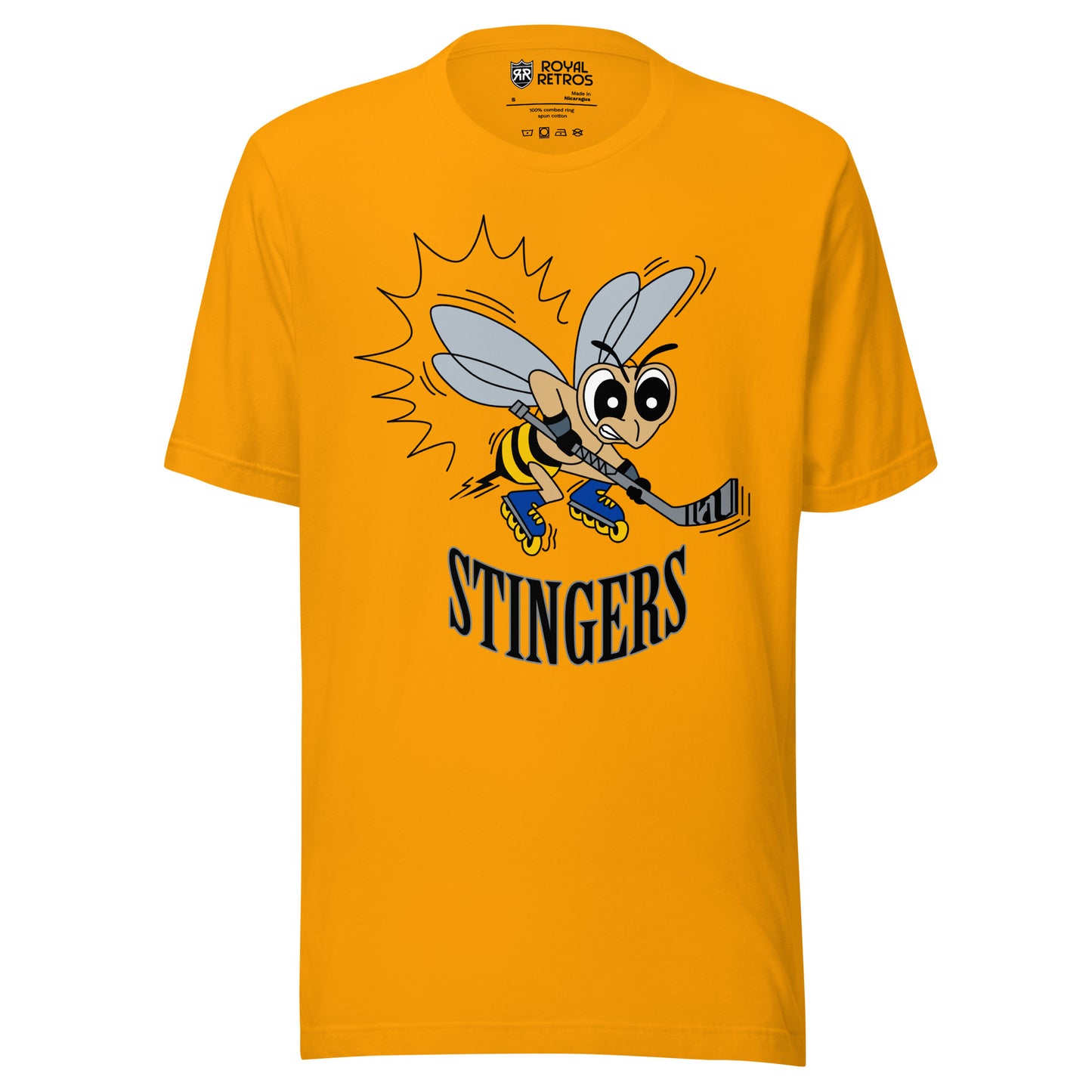 New England Stingers roller hockey T-Shirt. Gold. Frowning cartoon bee with hockey stick. Stingers in black, curved upward, below bee. Royal Retros