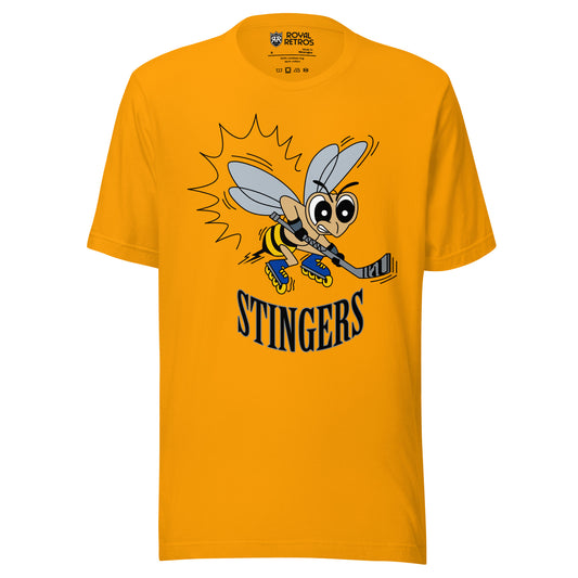 New England Stingers roller hockey T-Shirt. Gold. Frowning cartoon bee with hockey stick. Stingers in black, curved upward, below bee. Royal Retros