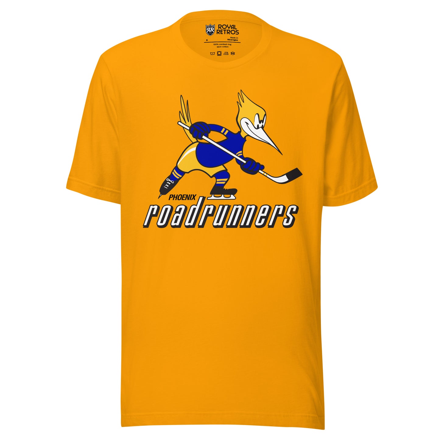 Phoenix Roadrunners T-shirt. Gold. Logo on chest of roadrunner holding a hockey stick facing right. Phoenix small in white over road runners large Royal Retros