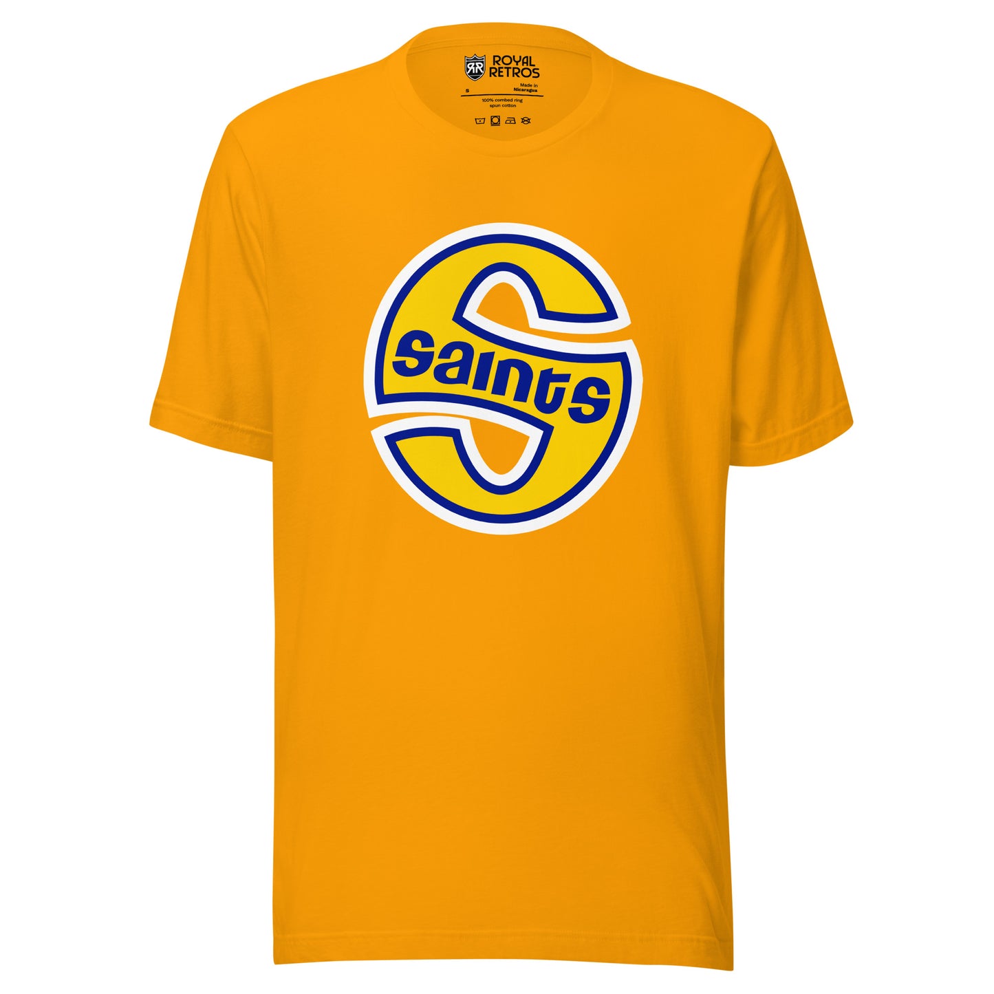 Minnesota Fighting Saints S logo T-shirt. Gold. Stylized gold S with white trim in the shape of an oval. SAINTS in blue across middle of S. Royal Retros