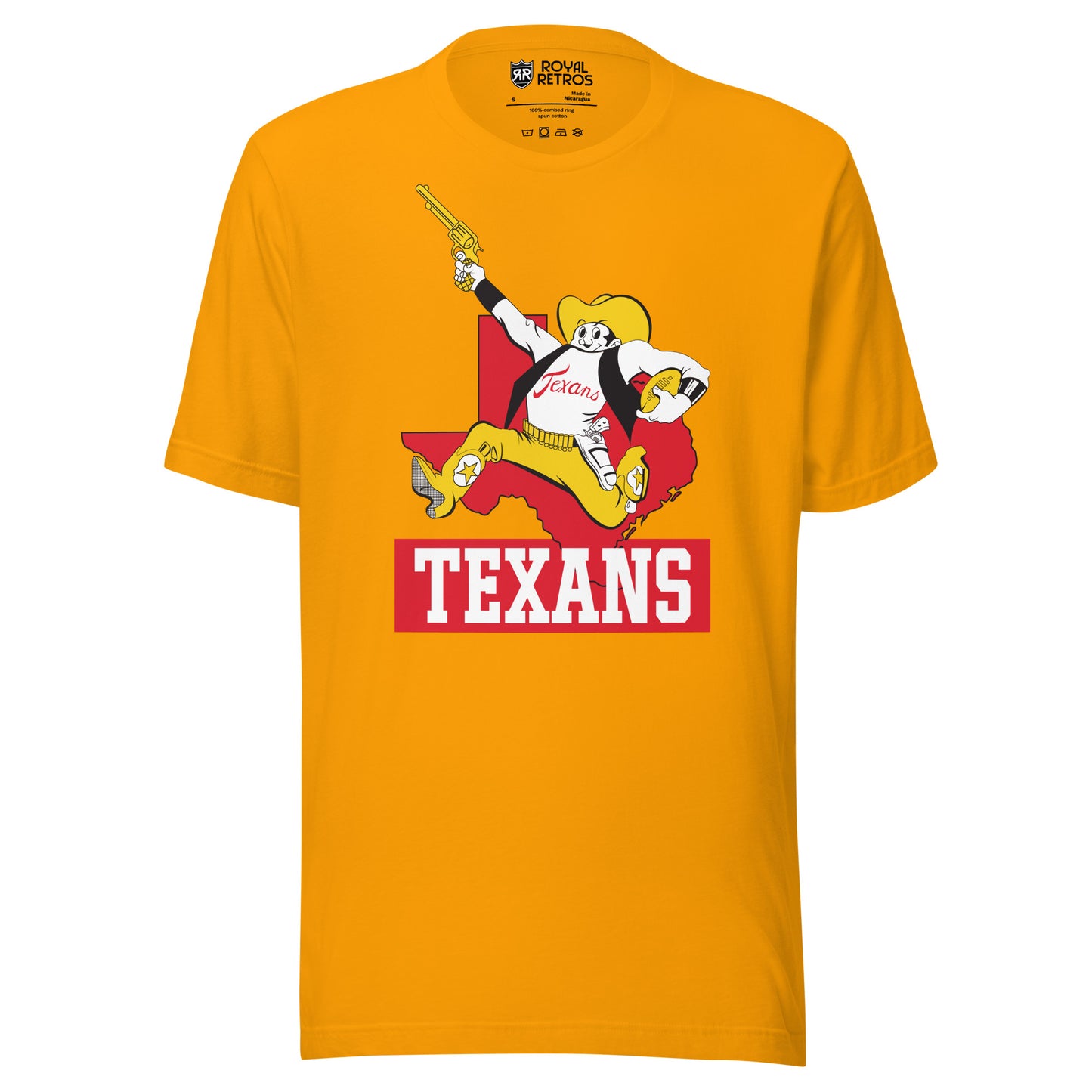 Dallas Texans AFL T-shirt. Gold. Cartoon cowboy in gold hat, white shirt, gold pants and boots, running with revolver in right hand football under left arm. Red outline of Texas behind. Texans in white on red rectangle. Royal Retros.