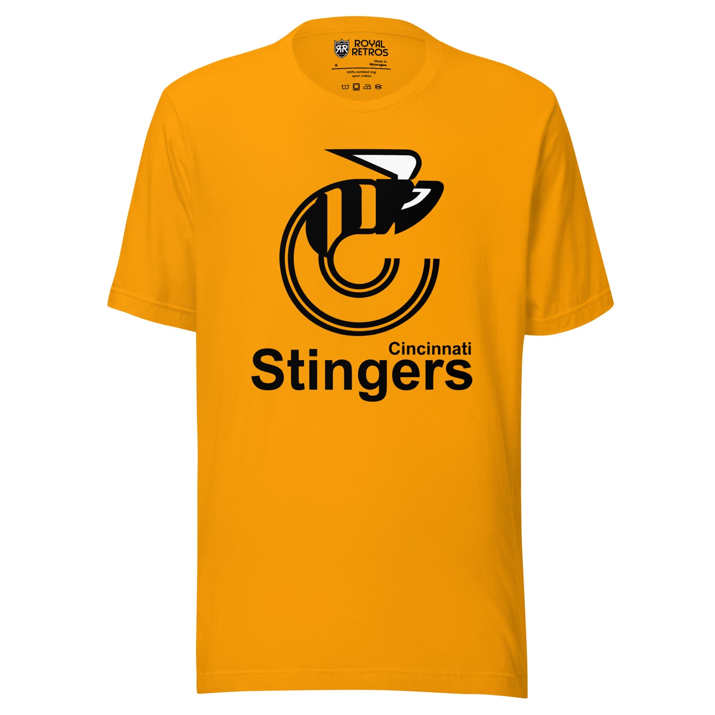 Cincinnati Stingers Black T-shirt Gold. Logo consists of the depiction of a bee in the shape of the letter "C". To the right and below the bee depiction is the literal element "CINCINNATI". The literal element "STINGERS" appears below "CINCINNATI". Royal Retros
