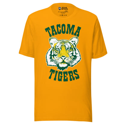 Tacoma Tigers baseball T-shirt. Yellow. Tacoma arched above in bold Rockwell typeface green. Tiger face in middle, yellow, green and white. Tigers arched up below in bold Rockwell typeface green. Royal Retros