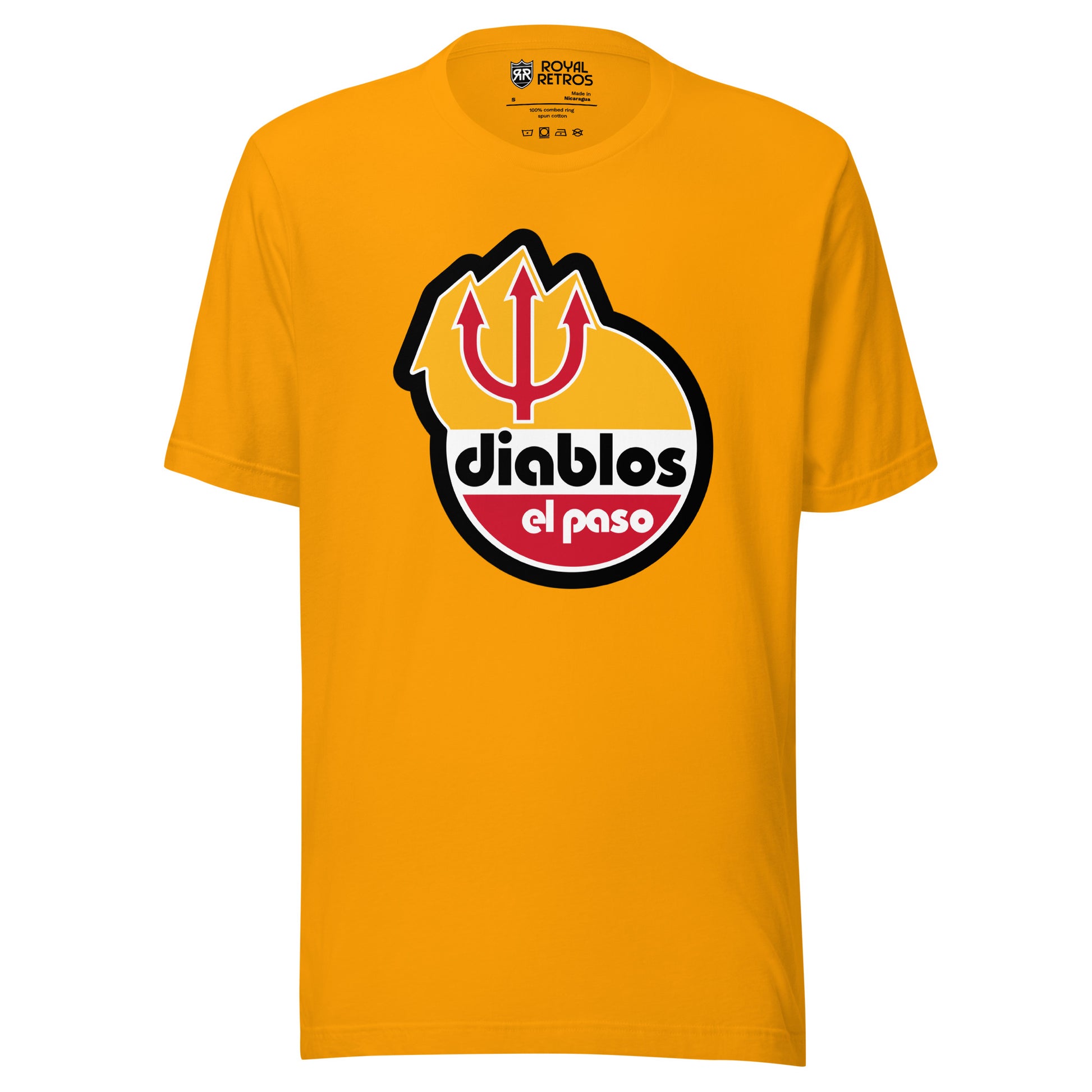 El Paso Diablos baseball T-shirt. Gold. Diablos logo with red pitchfork on gold background. Diablos lowercase black on white background in Bauhaus typeface above el paso lowercase in white on red background in Bauhaus typeface. Royal Retros