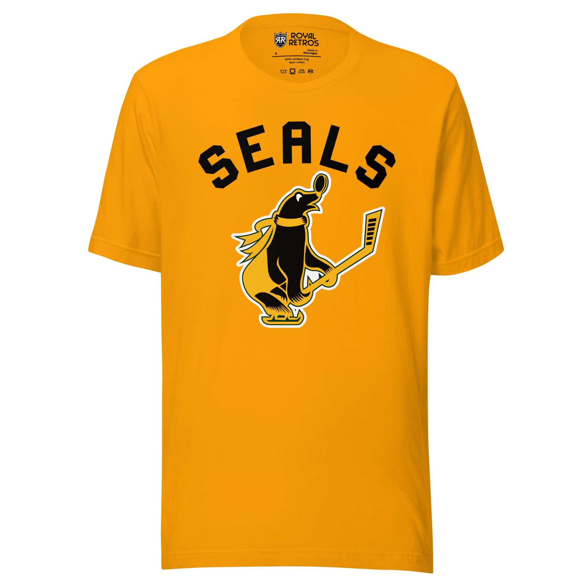 San Francisco Seals hockey T-shirt gold. Seals in black, large arched above Seal with gold scarf carrying a hockey stick and facing right. Royal Retros