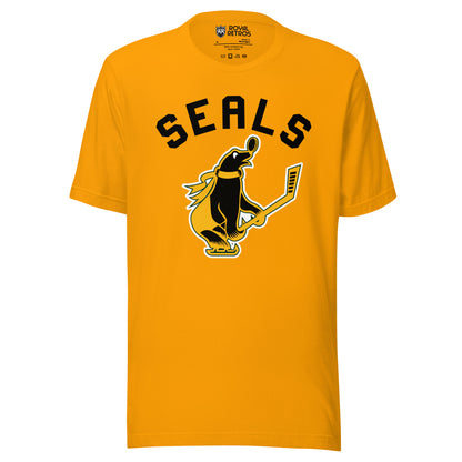 San Francisco Seals hockey T-shirt gold. Seals in black, large arched above Seal with gold scarf carrying a hockey stick and facing right. Royal Retros
