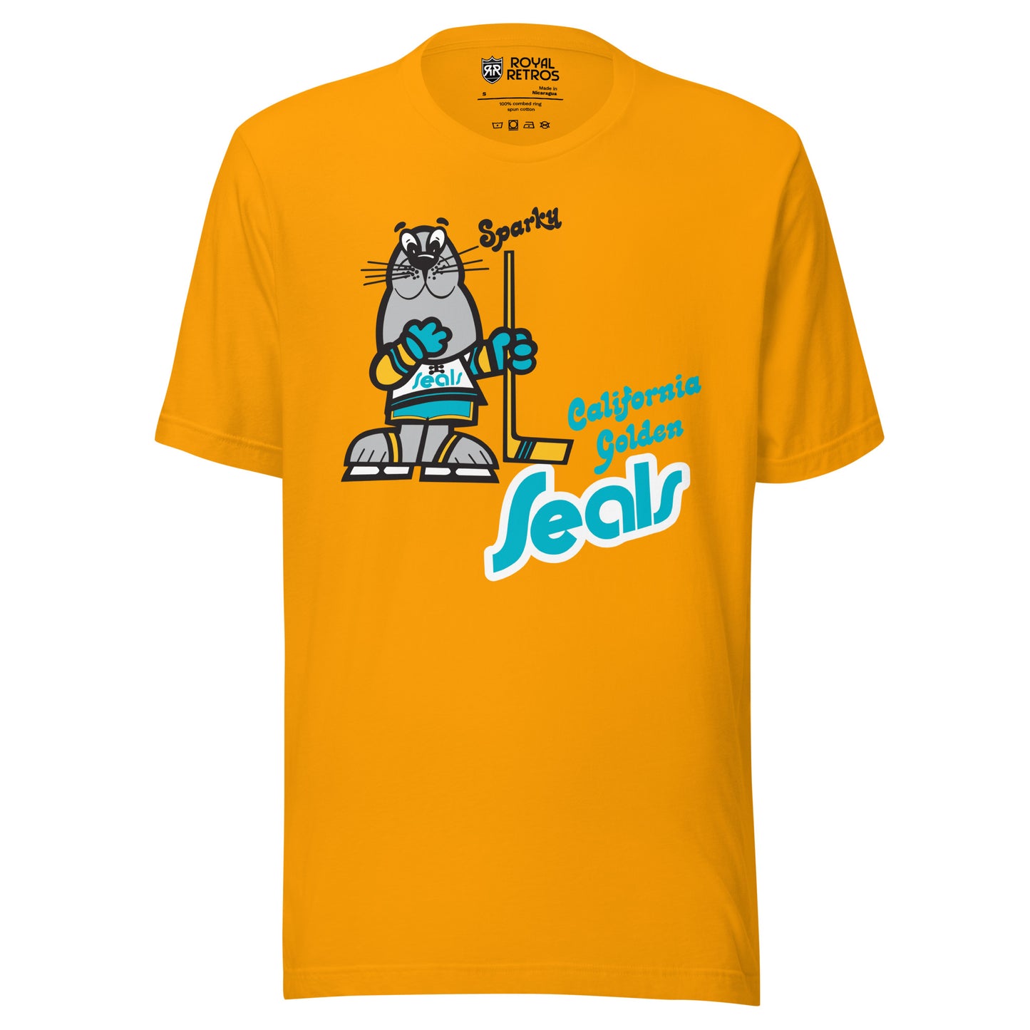 California Golden Seals Sparky T-shirt. Gold. Gray seal on skates with gold and teal gloves holding a yellow stick. California Golden in teal small to the right of hockey stick blade. Seals below in teal with gold trim lowercase in diablo typeface. Royal Retros