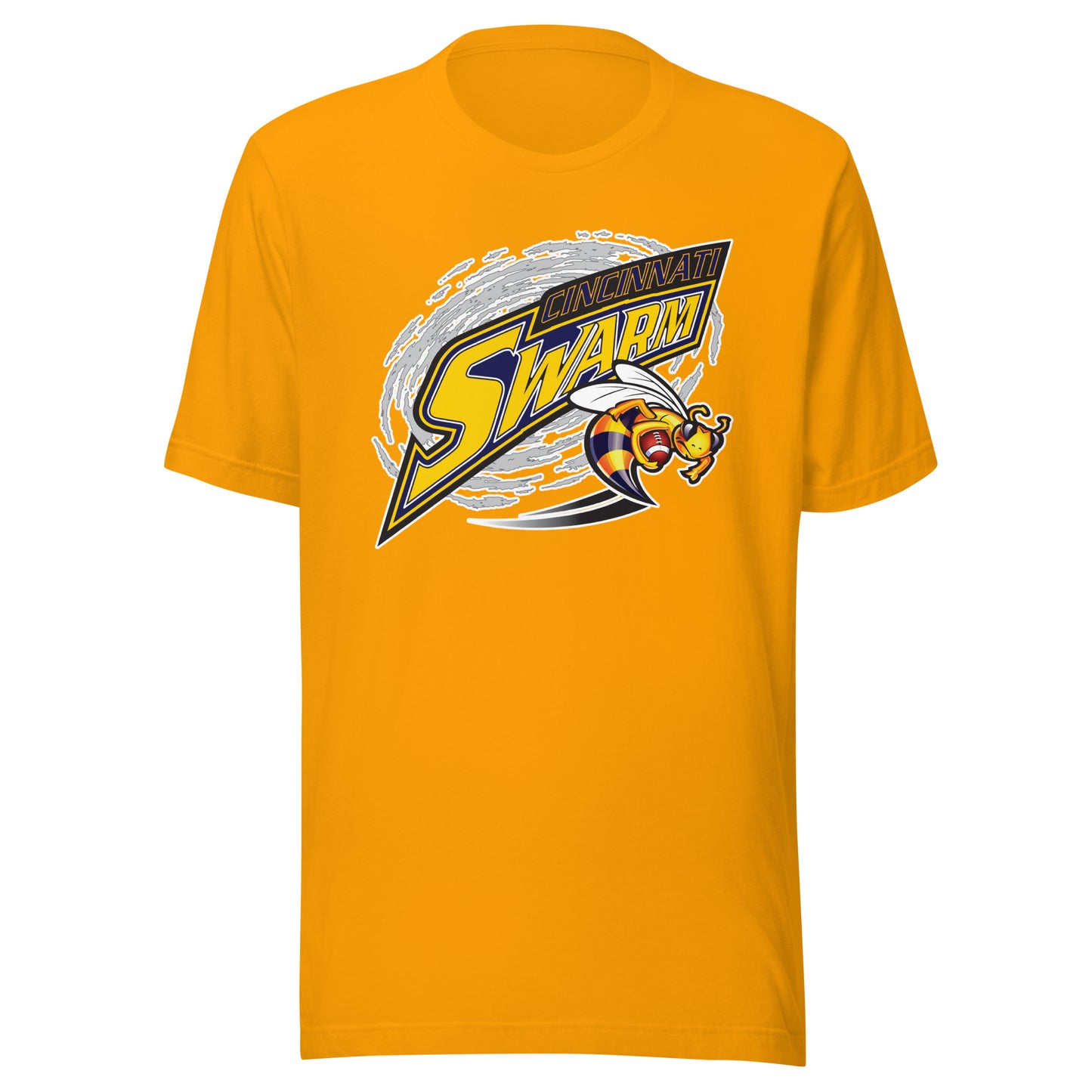 Cincinnati Swarm af2 arena football T-shirt. Gold. Gray cloud. Angled word logo. Cincinnati small in blue with gold outline above large Swarm gold with blue outline. Wasp holding a football to the lower right. Royal Retros