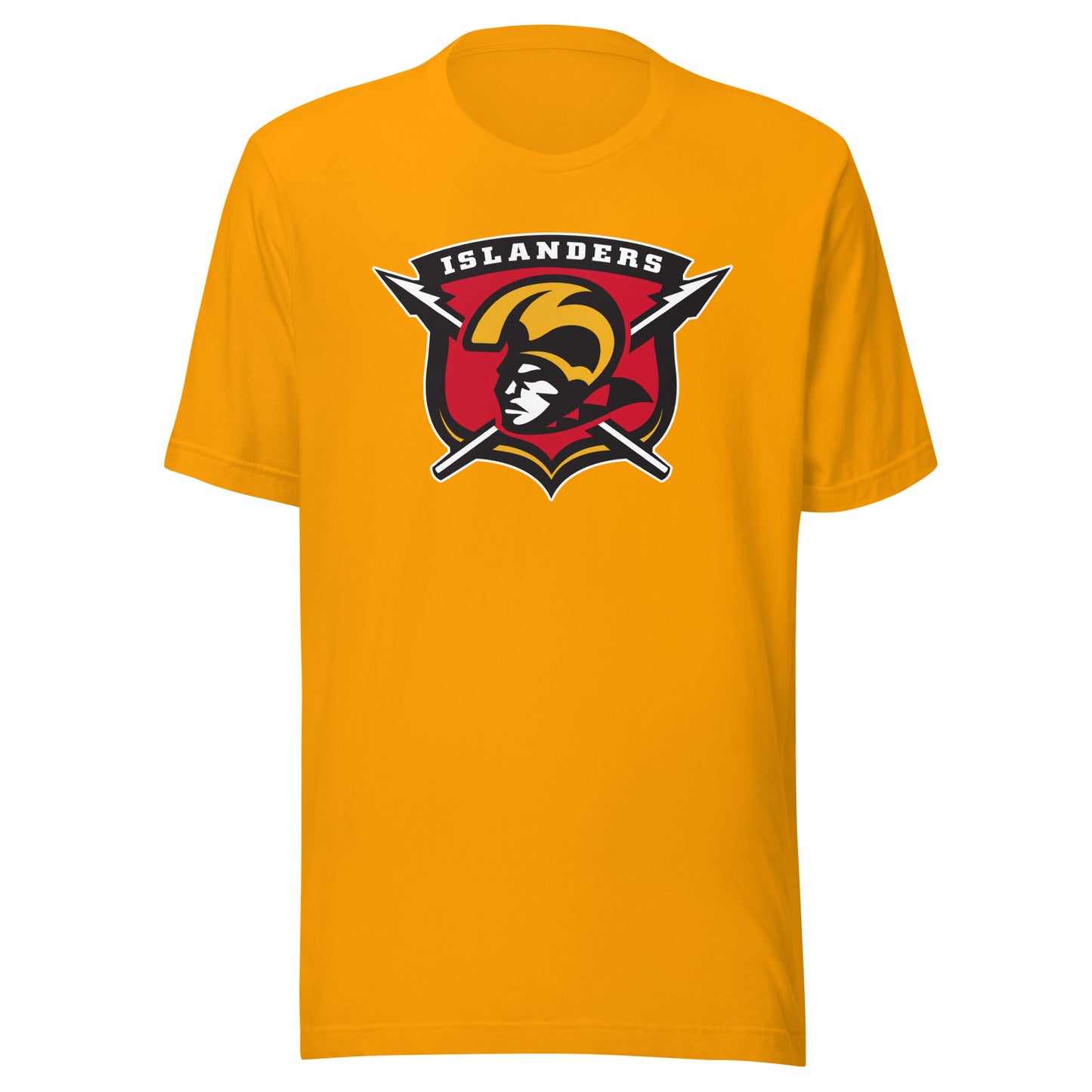 Hawaiian Islanders af2 arena football T-shirt. Gold. Shield. Islanders in white at top of shield. Red inside. Spears protruding from left and right of shield. Warrior head with gold headgear facing left. Royal Retros