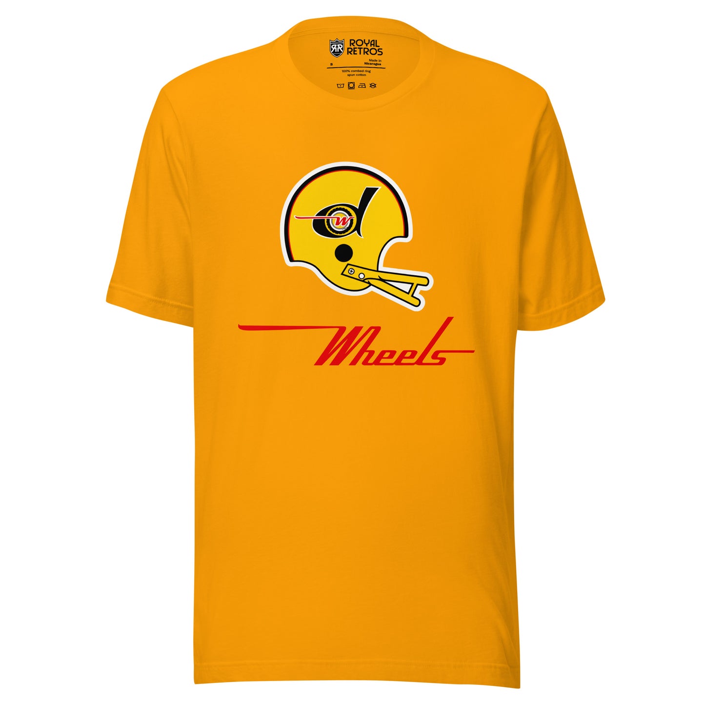 Detroit Wheels World Football League WFL T-shirt. Gold. Yellow helmet with yellow face guard. Large lowercase black D with red W inside with red line running to the left. Wheels in red below with long red line running to the left from the top of the W. Royal Retros