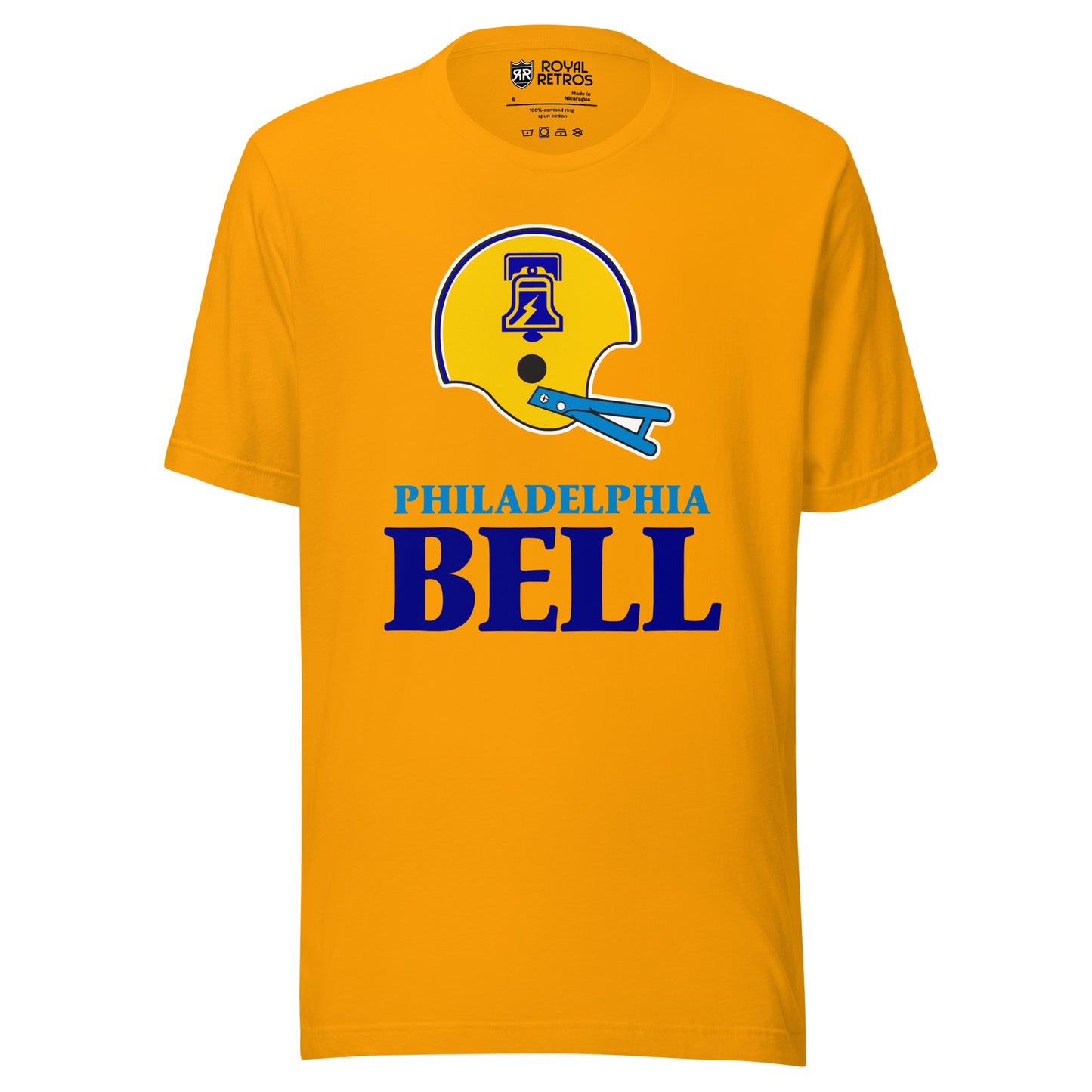 Philadelphia Bell World Football League WFL T-shirt. Gold. Yellow helmet with blue and white trim. Stylized image of Liberty Bell in blue in center of helmet. Blue faceguard. PHILADELPHIA white below, BELL large in yellow below. Royal Retros