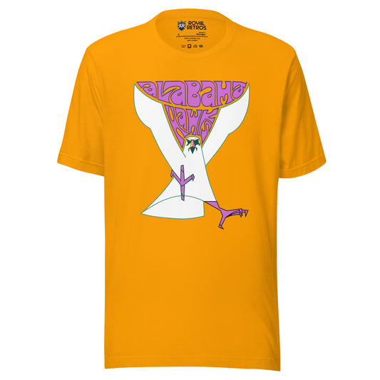 Alabama Hawks football T-shirt. Gold. Alabama in 70s-style font, purple with Hawks below, nestled between the wings of a large simplified Hawk coming at viewer with purple talons. Royal Retros