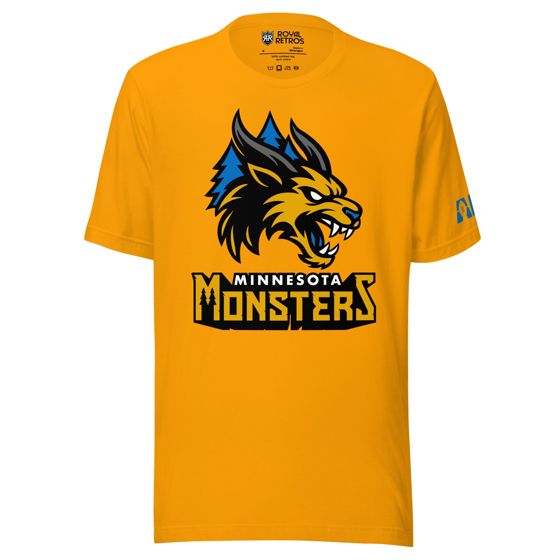 Minnesota Monsters AF1 arena football T-shirt. Gold. Gold, black, and gray monster head over blue pine trees. Minnesota small in white below, Monsters below larger in gold, both outlined together in black. Royal Retros.