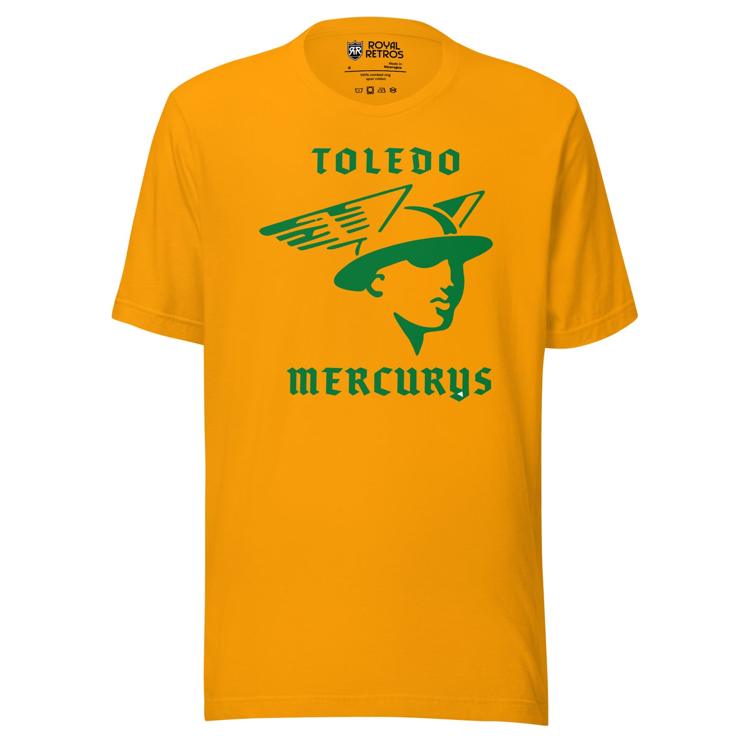 Toledo Mercurys hockeyT-shirt. Greem Toledo in gold. Above stylized bust of the God Mercury with winged helmet in green. Mercurys in gold below. Royal Retros