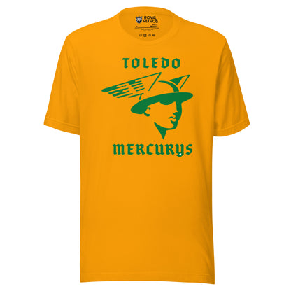 Toledo Mercurys hockeyT-shirt. Greem Toledo in gold. Above stylized bust of the God Mercury with winged helmet in green. Mercurys in gold below. Royal Retros