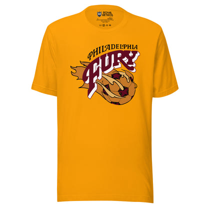 Gold Philadelphia Fury T-shirt featuring a gold comet-tailed soccer ball marked with stars, the FURY wordmark in white gothic lettering, and PHILADELPHIA script arched above