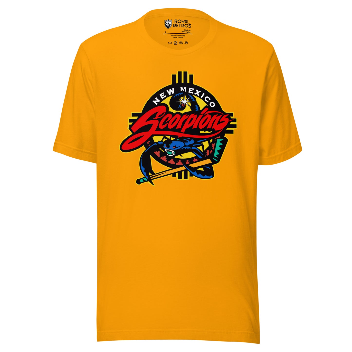 New Mexico Scorpions hockey T-shirt in gold. Southwestern Zia-sun emblem in yellow and black behind a blue scorpion gripping a hockey stick, with 'New Mexico Scorpions' wordmark in white and red script.