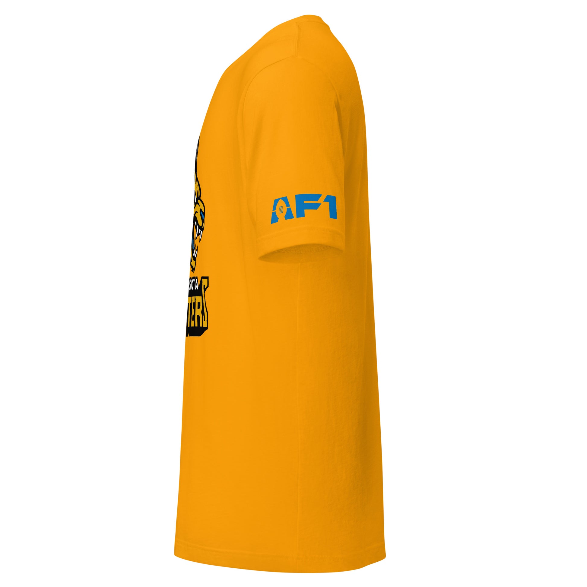 Minnesota Monsters AF1 arena football T-shirt. Gold. Sideview with AF1 logo on left sleeve. Royal Retros.
