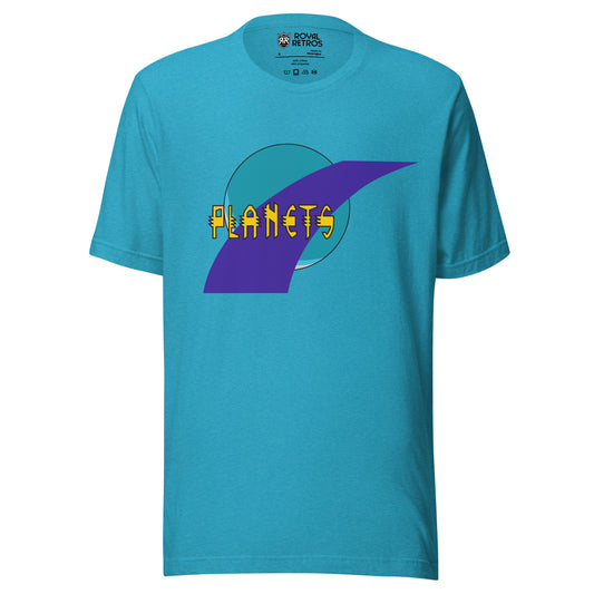 Toronto Planets roller hockey T-Shirt. Aqua. Blue planet with purple swoosh on top. Planets in yellow over logo. Royal Retros