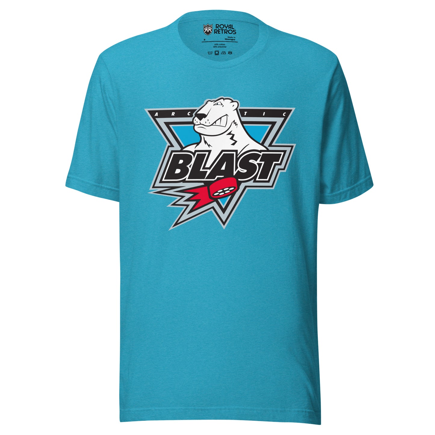 Minnesota Artic Blast roller hockey T-Shirt. Aqua. Upside down triangle with polar bear head sticking out. ARC and TIC on either side of head. Blast large in black with white trim below across bottom of triangle. Red puck with streaks below that. Royal Retros