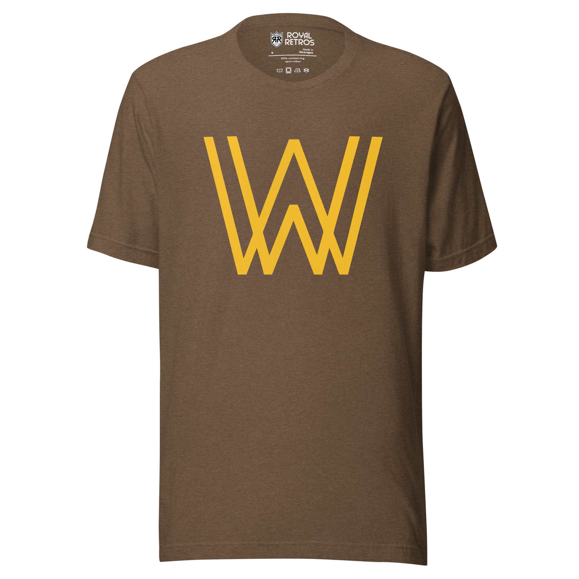 Walla Walla Padres T-shirt. Heather Brown. Interlocking gold W over W large on chest.  Royal Retros