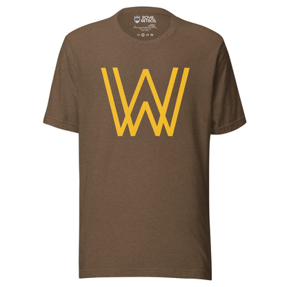 Walla Walla Padres T-shirt. Heather Brown. Interlocking gold W over W large on chest.  Royal Retros