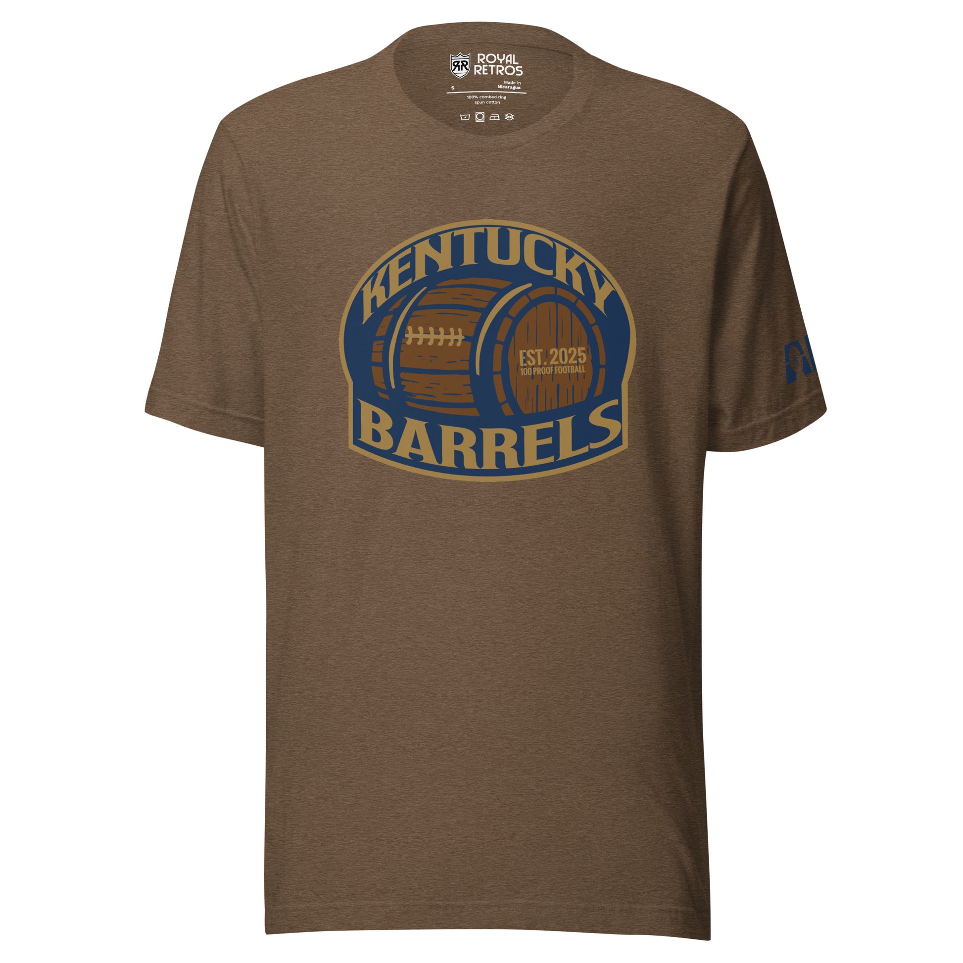 Kentucky Barrels AF1 football T-shirt. Heather Brown. Logo on chest is a rounded square with blue background with Kentucky in gold arched over a barrel, with Barrels underneath. Shape is outlined in gold. Royal Retros