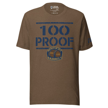 Kentucky Barrels 100 Proof T-shirt. Blue line across top. Brown 100 with PROOF below. Blue line below. Logo small below over middle of blue line. Logo on chest is a rounded square with Kentucky in gold arched over a barrel, with Barrels underneath. Shape is outlined in gold. Royal Retros