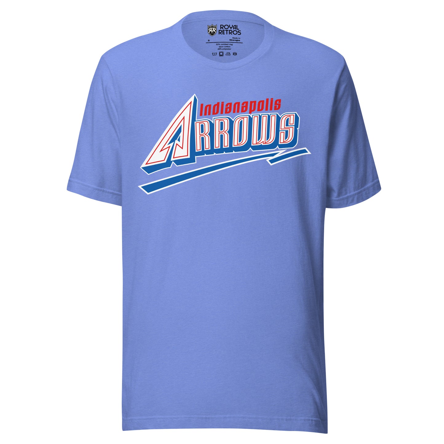 Indianapolis Arrows baseball T-shirt. Light blue. ARROWS in white with red trim inside letters. Blue shadow under letters. Blue underline beneath with white trim. Royal Retros
