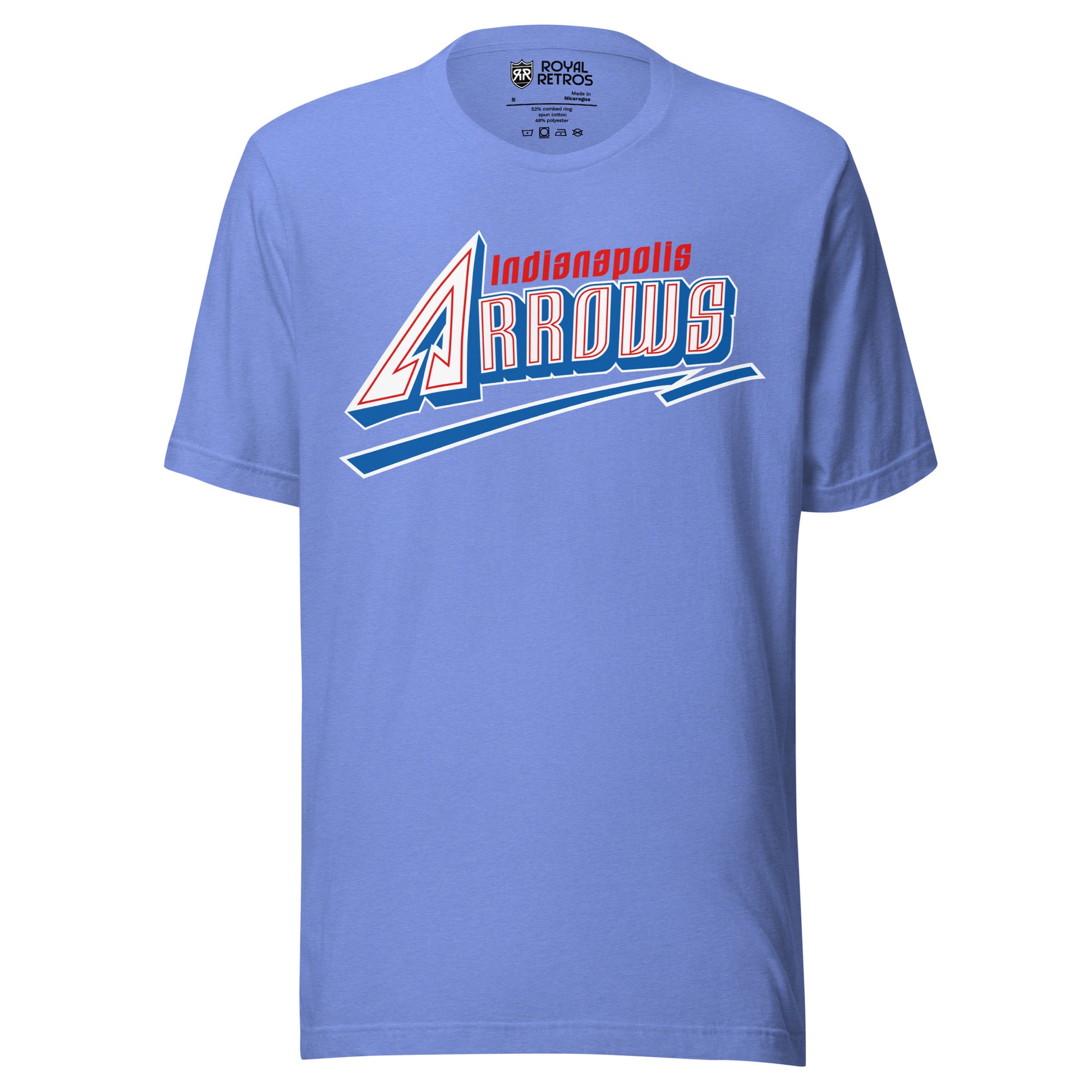 Indianapolis Arrows baseball T-shirt. Light blue. ARROWS in white with red trim inside letters. Blue shadow under letters. Blue underline beneath with white trim. Royal Retros