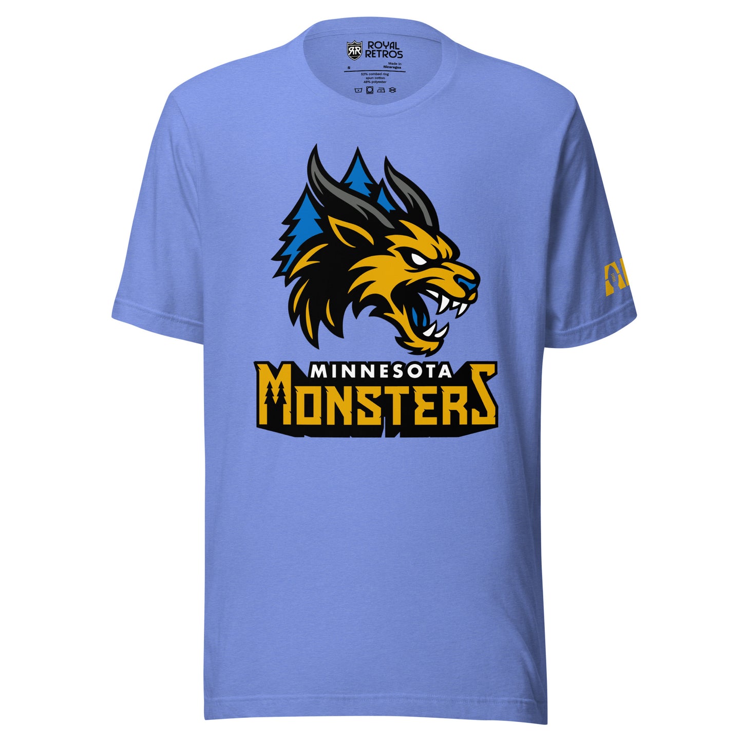 Minnesota Monsters AF1 arena football T-shirt. Blue. Gold, black, and gray monster head over blue pine trees. Minnesota small in white below, Monsters below larger in gold, both outlined together in black. Royal Retros.