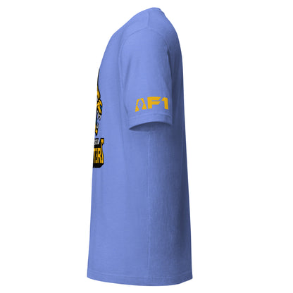 Minnesota Monsters AF1 arena football T-shirt. Light blue. Sideview with AF1 logo on left sleeve. Royal Retros.