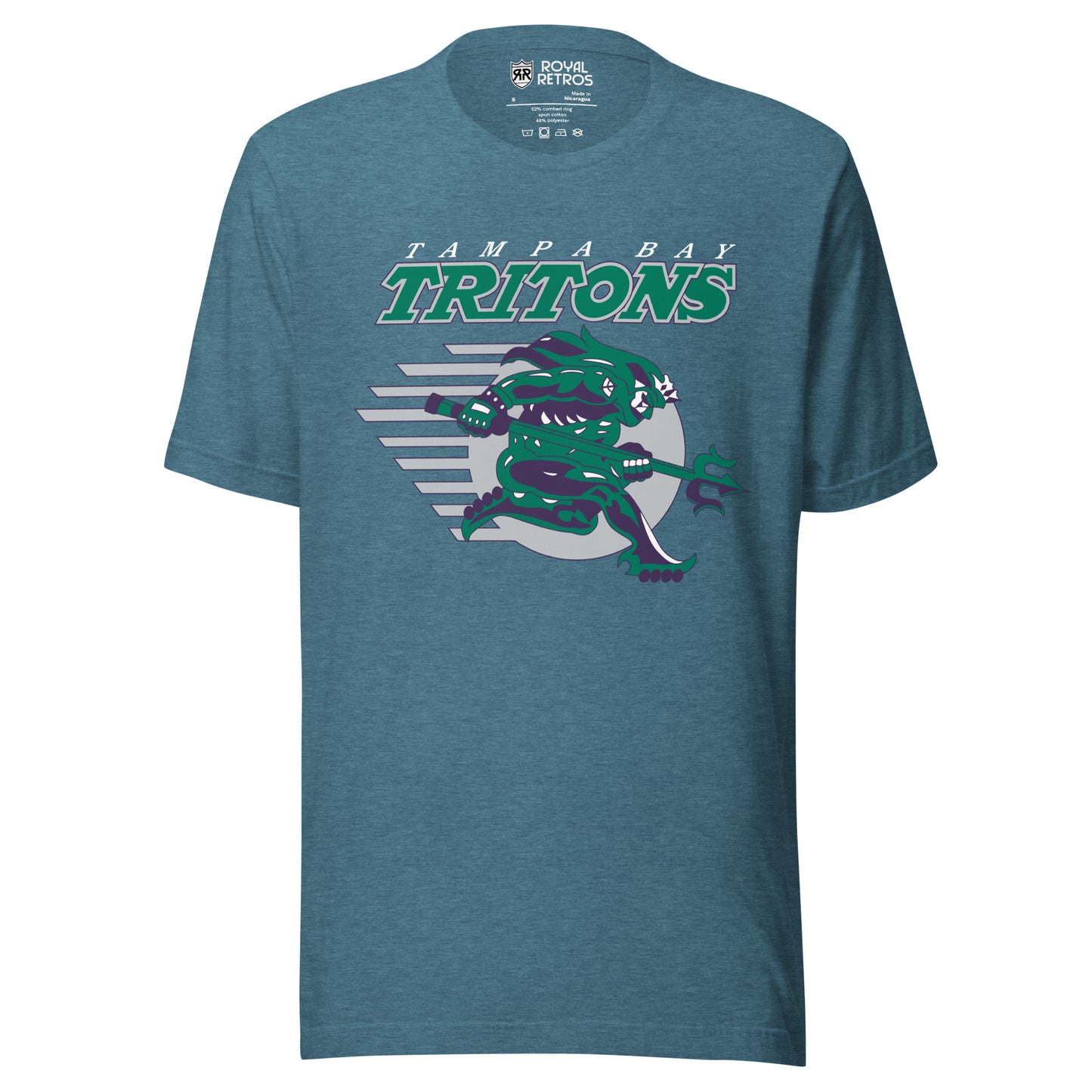 Tampa Bay Tritons roller hockey T-Shirt. Teal. Tampa Bay in green above Tritons large in green with white outline. Purple and green sea monster over silver ball with streak marks. Monster is holding triton. Royal Retros.