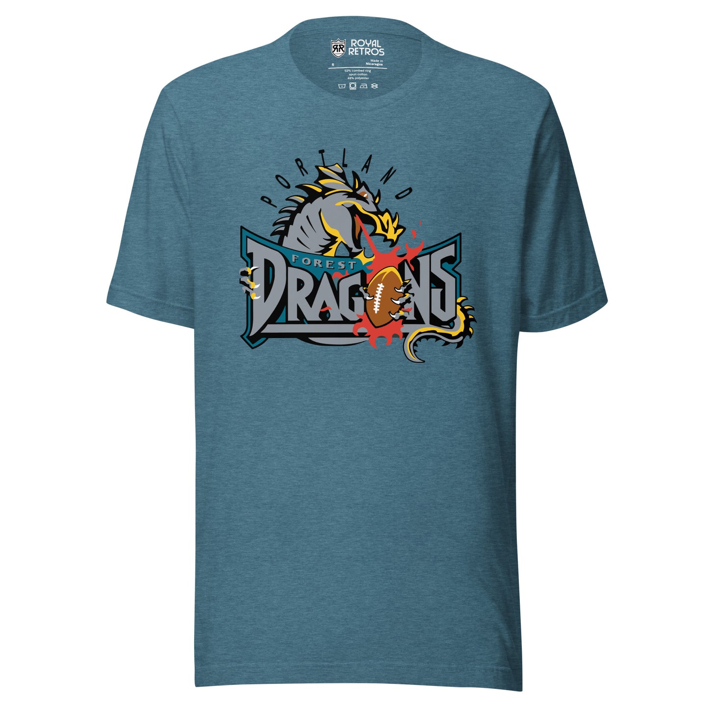 Portland Forest Dragons Arena Football league T-shirt. Dark Teal. Portland in black arched. Gray dragon head breathing fire over Forest in small silver on green background, Dragons large in sliver below with football as the O.  Royal Retros