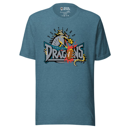 Portland Forest Dragons Arena Football league T-shirt. Dark Teal. Portland in black arched. Gray dragon head breathing fire over Forest in small silver on green background, Dragons large in sliver below with football as the O.  Royal Retros