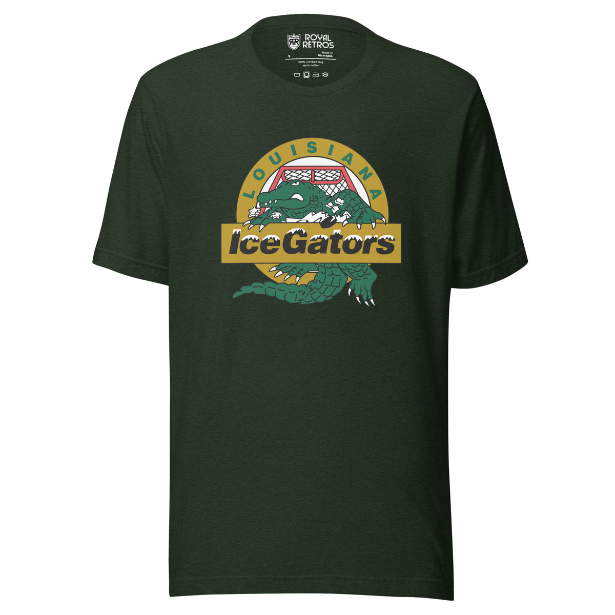 Louisiana IceGators heather emerald green t-shirt. Green alligator crest on a gold circle at the center chest, LOUISIANA arced above, IceGators across a gold banner. Royal Retros