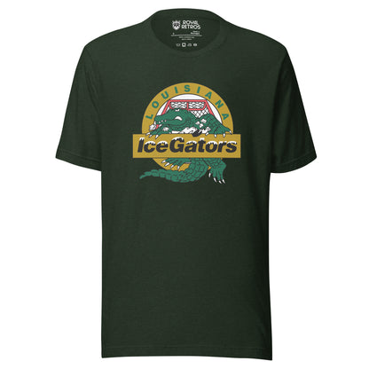 Louisiana IceGators heather emerald green t-shirt. Green alligator crest on a gold circle at the center chest, LOUISIANA arced above, IceGators across a gold banner. Royal Retros