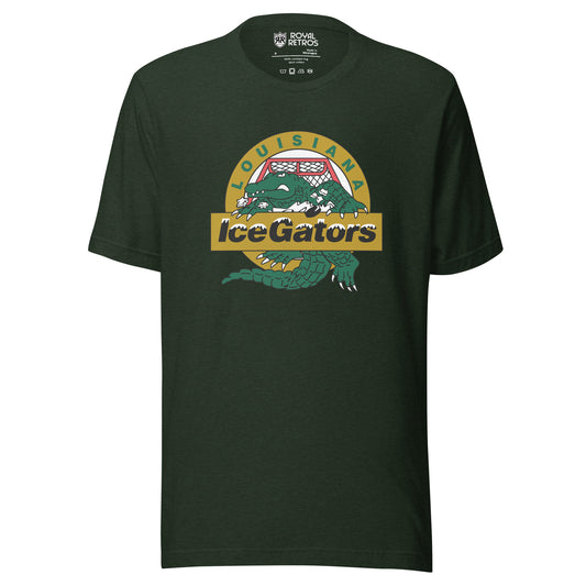 Louisiana IceGators heather emerald green t-shirt. Green alligator crest on a gold circle at the center chest, LOUISIANA arced above, IceGators across a gold banner. Royal Retros